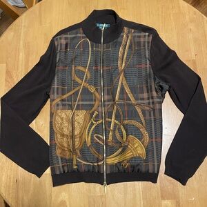 Polo by Ralph Lauren Black Zip-Up Sweater with Gold & Brown Equine Print